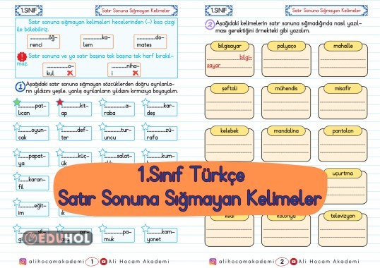 1 Sınıf Türkçe Satır Sonuna Eduhol Etkinlik İndir Oyun Oyna