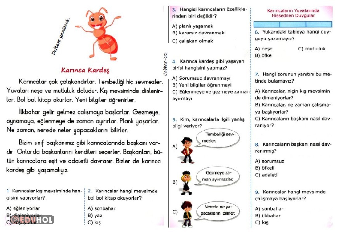 1 Sınıf Okuma Anlama Eduhol Ders Videoları İzle Online Test Çöz