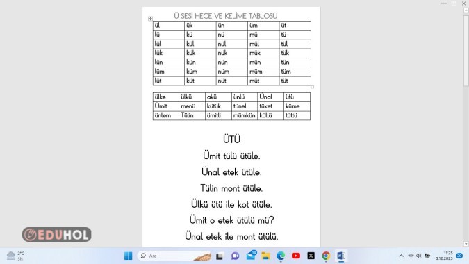 Ü Sesi Hece Ve Kelime Tablosu Eduhol Etkinlik İndir Oyun Oyna