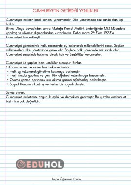 Cumhuriyetin Getirdiği Yenilikler Ders Notu