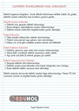 Elektriğin Tehlikelerinden Nasıl Korunuruz Defter Notu