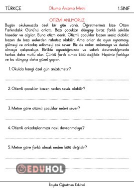 Otizm Farkındalık Günü Okuma Anlama Metni