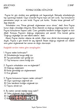 Poyraz Doğru Söylüyor Okuma Anlama Metni