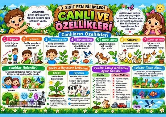 3.sınıf Fen Bilimleri 3×3 9A4 Canlılar Pano - Afiş