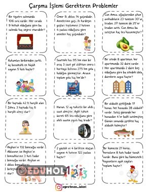 3.sınıf çarpma problemleri deftere yapıştırma