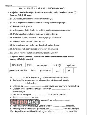 Hayat bilgisi 1. ünite değerlendirme sınavı