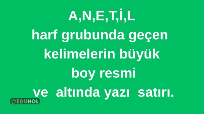 A,N,E,T,İ,L harf grubunda geçen  kelimelerin büyük  boy resmi  ve  altında yazı  satırı.