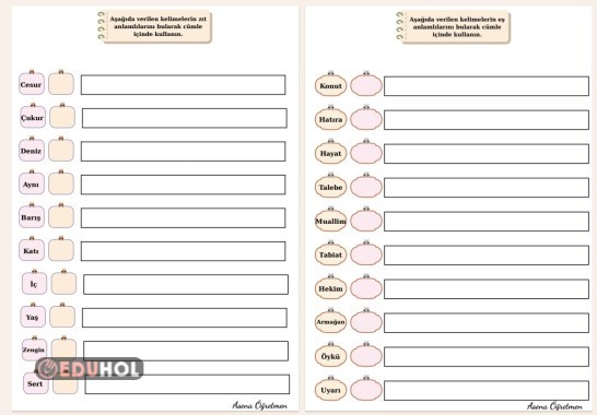 Eş Anlam Zıt Anlam Çalışma Kağıdı