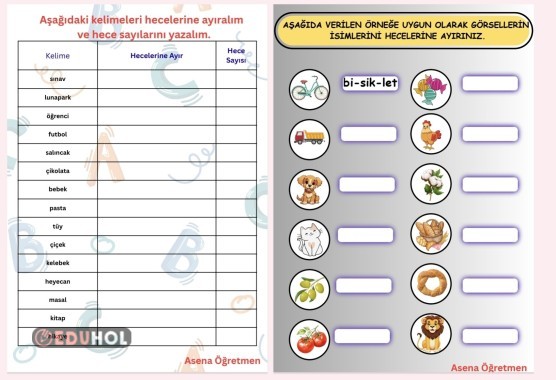 Kelimeleri Hecelerine Ayırma Etkinlik Kağıdı