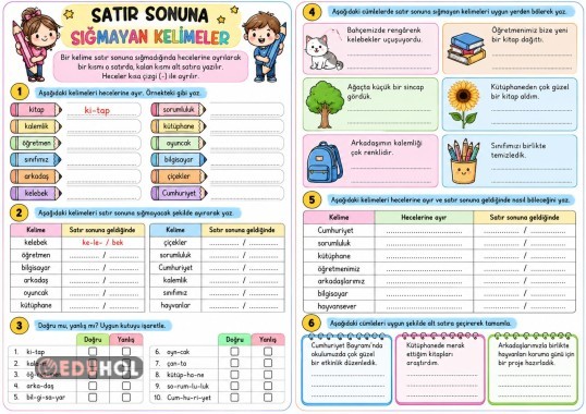 Satır Sonuna Sığmayan Kelimeler Çalışma Kağıdı