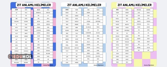 ZIT ANLAMLI KELİMELER TABLO