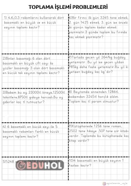 4.Sınıf Toplama İşlemi Problemleri