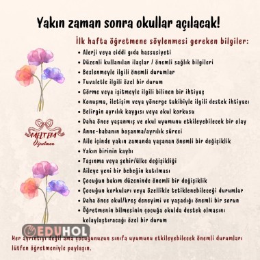 İlk hafta velinin öğretmene mutlaka bildirmesi gereken durumlar.