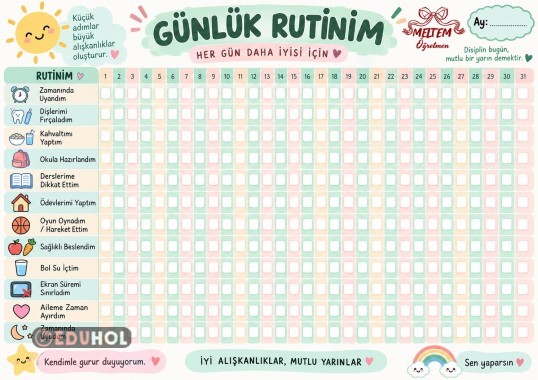 İlkokul öğrencileri için Günlük Rutinim
