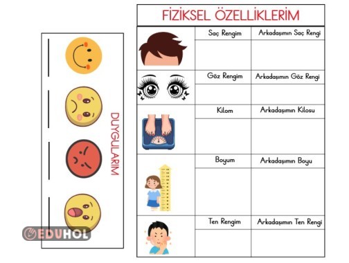 1.Sınıf Hayat Bilgisi Fiziksel Özelliklerim ve Duygularım İnteraktif Defter Etkinliği