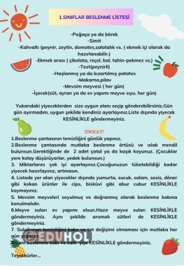 1. SINIFLAR BESLENME LİSTESİ ( DÜZENLENEBİLİR )