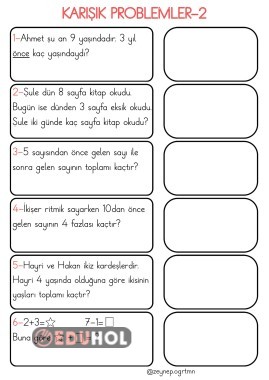 1. Sınıf Karışık Problemler-2 Defter Çalışması