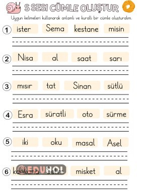 S sesi karışık verilen kelimelerden anlamlı cümle oluşturma çalışması