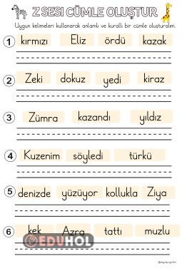 Z sesi karışık verilen kelimelerden anlamlı cümle kurma etkinliği