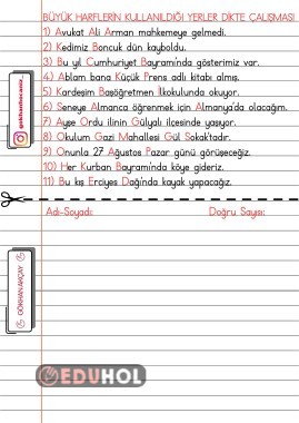 Büyük Harflerin Kullanıldığı Yerler Dikte Çalışması