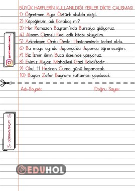 Büyük Harflerin Kullanıldığı Yerler Dikte Çalışması