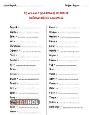 Eş Anlamlı Kelimeler Quiz