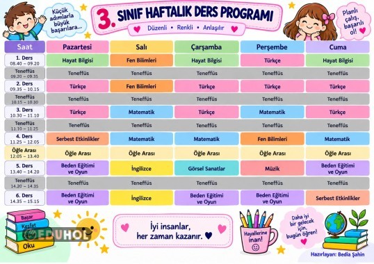 3. Sınıf Haftalık Ders Programı