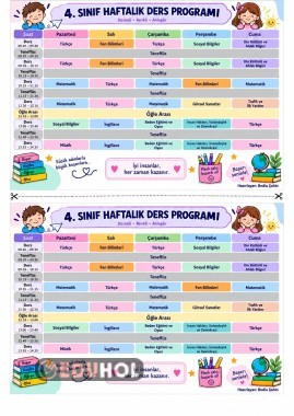 4. Sınıf Haftalık Ders Programı Dikey