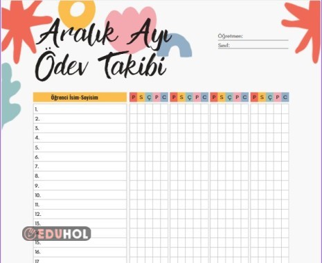 Aralık Ayı Ödev Takip Çizelgesi