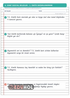 4. SINIF SOSYAL BİLGİLER 1. ÜNİTE KLASİK DEĞERLENDİRME