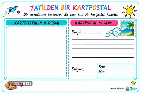 4. sınıf tatil kartpostalı (okulun ilk günü etkinliği)