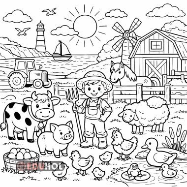 Deniz çiftlikte metni için boyama görseli