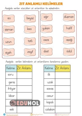 ZIT ANLAMLI KELİMELER ÇALIŞMA KAĞIDI