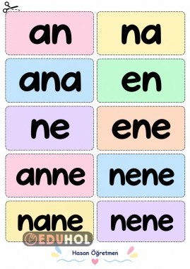 A, N ve E sesleri ile ilgili hece ve Kelime Kartları