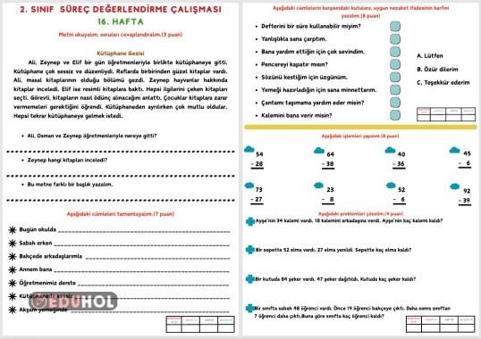 2. SINIF SÜREÇ DEĞERLENDİRME ÇALIŞMASI 16. HAFTA