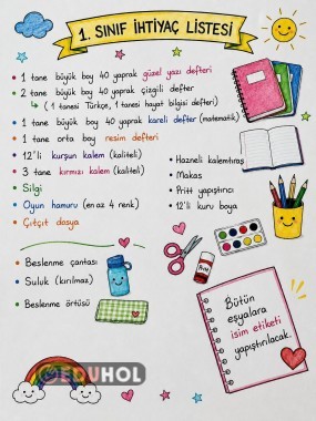 1. Sınıf İhtiyaç Listesi