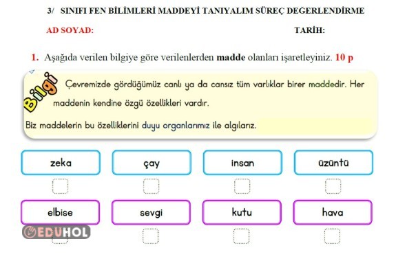 3. Sınıf Maddeyi Tanıyalım Süreç Değerlendirme