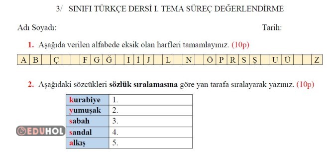 3. SINIF TÜRKÇE 1. TEMA SÜREÇ DEĞERLENDİRME