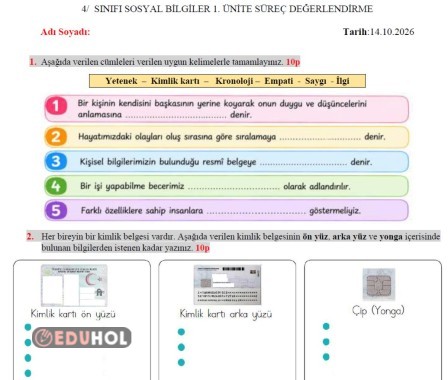 SOSYAL BİLGİLER 1. ÜNİTE SÜREÇ DEĞERLEDİRME