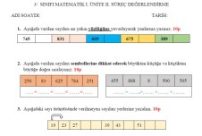 3. SINIF MATEMATİK 1. ÜNİTE 2. SÜREÇ DEĞERLENDİRME