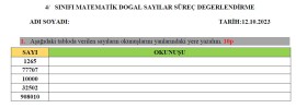 Matematik Doğal Sayılar Süreç Değerlendirme