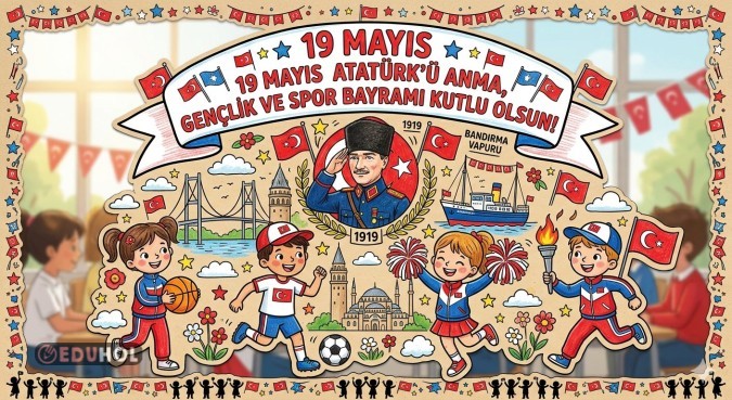 12 parça Renkli 19 Mayıs Atatürk'ü Anma Gençlik ve Spor Bayramı Posteri /Pano