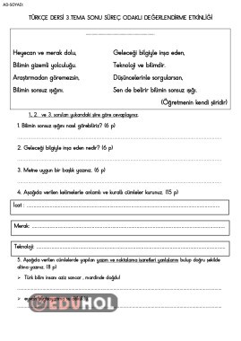 TÜRKÇE BİLİM TEKNOLOJİ TEMA SONU DEĞERLENDİRME