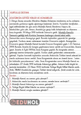 4.Sınıf - Sosyal Bilgiler - Kurtuluş Destanı (Atatürk'ün Gittiği Yerler ve Kongreler) Defter Özeti