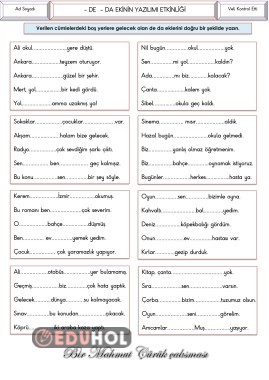 4.Sınıf Türkçe De Da Ekinin Yazılımı Etkinliği