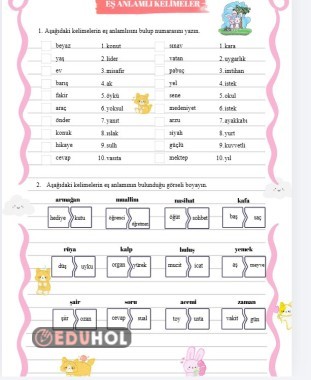 3. Sınıf Eş Anlamlı Kelimeler-İnteraktif defter etkinliği