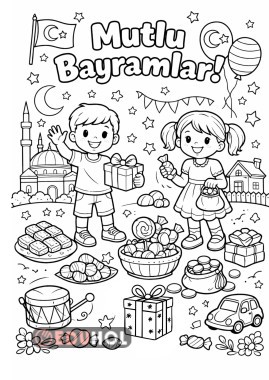 Mutlu Bayramlar Boyama Sayfası- 4 sayfa
