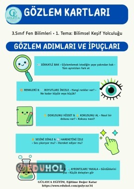 3. Sınıf Fen Bilimleri – 1. Ünite 🔬 BİLİMSEL KEŞİF YOLCULUĞUM  👀 GÖZLEM KARTLARI