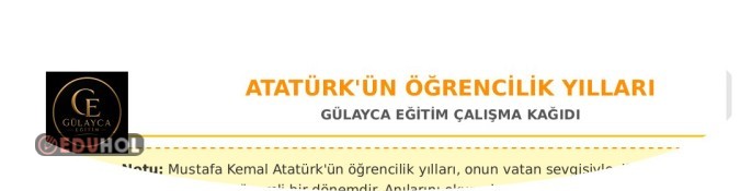 Atatürk'ün Öğrencilik Yılları Anıları çalışma kağıdı 2