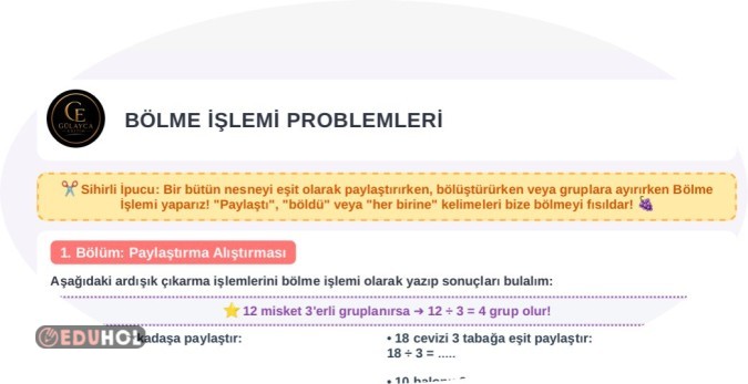 BÖLME İŞLEMİ PROBLEMLERİ Çalışma Kağıdı